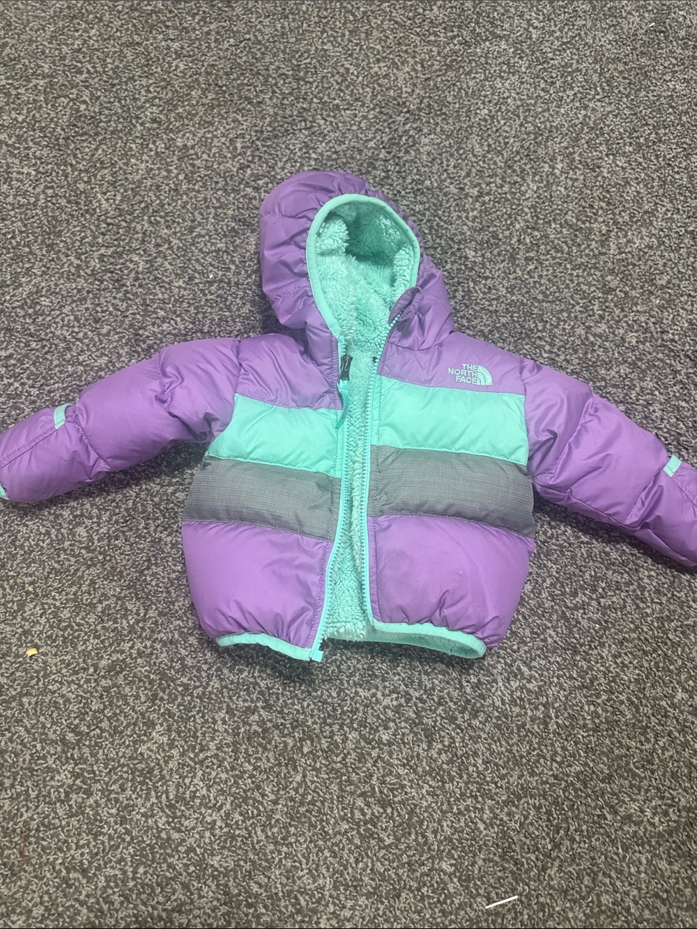 The North Face Purple and Teal Kids Hooded Puffer Jacket